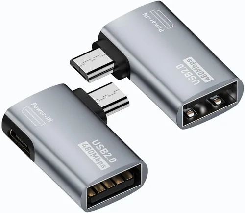 Adaptador OTG micro USB 2 en 1 alimentado de 90 grados en ángulo recto con puerto de carga de alimentación micro USB, paquete de 2