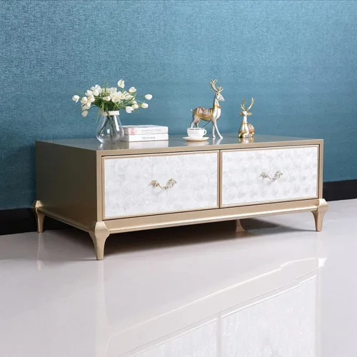 Miniatura 6 de Mesa de té para sala de estar, moderna mesa de café, decoración de conchas, asas delicadas, elegante mesa de café rectangular con mesa de café