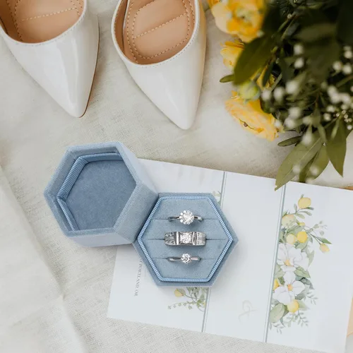 Miniatura 58 de WantGor Caja de joyería de terciopelo para anillos, caja de regalo con 3 ranuras, caja de regalo para anillos hexagonales vintage, para ceremonia