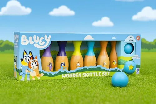 Miniatura 7 de Bluey Juego de Bolos de Madera – Juego de Bolos con 6 Pines de Bolos de Madera con Personajes, Juguete Duradero para Niños de 3+ Años, Juego