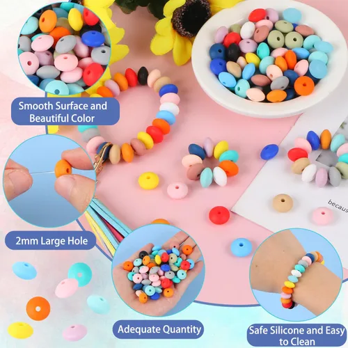 Miniatura 4 de 80 cuentas de ábaco de silicona, cuentas focales de silicona coloridas de 0.472 pulgadas para bolígrafos, cuentas en forma de platillo de lentejas a