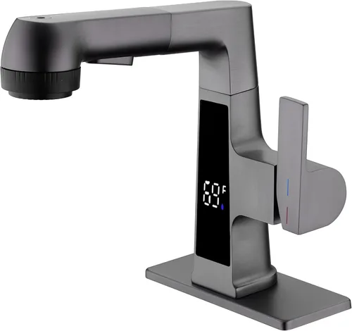 Miniatura 9 de Grifo de Baño LED con Grifo de Salida Extraíble, Grifo de Fregadero de Níquel Cepillado con Pantalla Digital de Temperatura, Grifo de 5 Modos