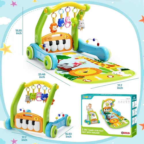 Miniatura 7 de Tapete de juego para gimnasio para bebés con andador, centro de actividades de piano 2 en 1 con luz y música, tapete para el tiempo boca abajo