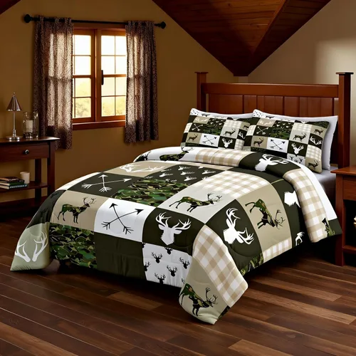 Miniatura 36 de Juego de edredón de cuernos de ciervo tamaño individual, juego de ropa de cama rústica de granja con huellas de oso y pinos para decoración