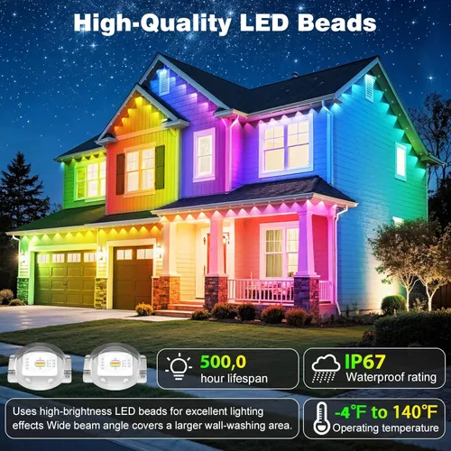 Miniatura 4 de LITSOUL Luces permanentes para exteriores de 500 pies para casa, impermeables, iluminación LED RGB inteligente con 16 millones de colores, tira