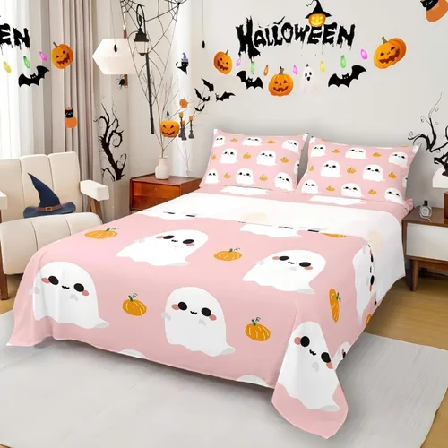 Erosebridal Juego de sábanas de Halloween con diseño de fantasmas de dibujos animados, decoraciones de calabaza de Halloween, juego de sábanas con
