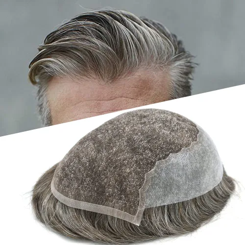 Miniatura 29 de Toupee para hombres, sistema de reemplazo de cabello humano Remy, nudos blanqueados, encaje frontal, piel fina, para hombre, color gris, pelucas