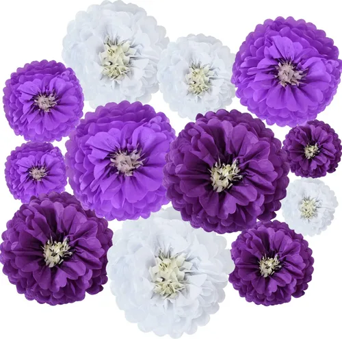 BEISHIDA Flores de papel de seda para colgar, color lavanda, morado y blanco, flores de papel, manualidades para Halloween, boda, cumpleaños, baby