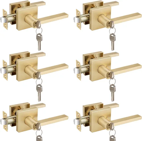 Miniatura 44 de EHOMEWARE Juego de manijas de puerta delantera doradas, palanca de puerta cuadrada resistente de latón y cerrojo de un solo cilindro reversible