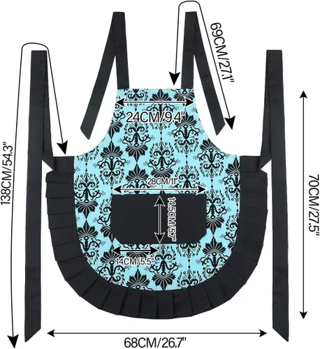 Miniatura 2 de G2PLUS Delantal de damasco vintage de algodón para mujer, cuello ajustable y bolsillo grande, azul y negro, lindo delantal de cocina y horneado