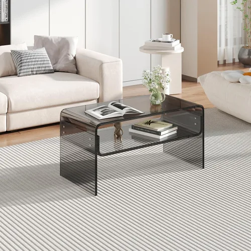 Miniatura 5 de Mesa auxiliar acrílica, mesa auxiliar moderna rectangular negra, mesa de té con almacenamiento abierto, adecuada para sala de estar, recepción