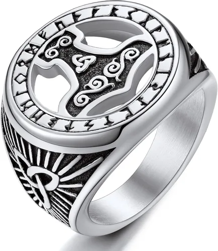 ChainsProMax Anillo de martillo de Thor con brújula vikinga, celta y náutica, puede grabar, tamaño #07-#14 de Runa nórdica, acero inoxidable, caja