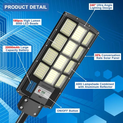 Miniatura 3 de Luz de calle solar, reflectores solares para exteriores, impermeable, sensor de movimiento, 6500K, luz del atardecer al amanecer