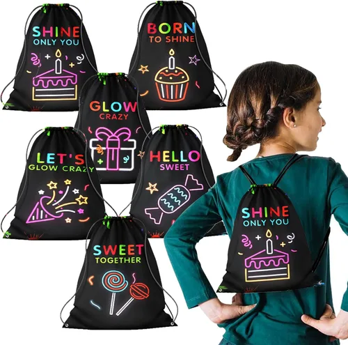 Paquete de 12 bolsas con cordón para fiestas brillantes para cumpleaños de niños, niñas, mochila con cordón de neón brillante como bolsas de botín y
