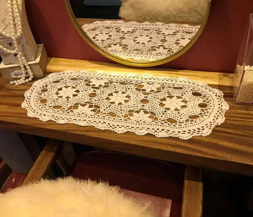 Miniatura 11 de Pasillos de ganchillo hechos a mano beige de algodón, tapetes de encaje ovalados para dormitorios, 12 x 20 pulgadas.