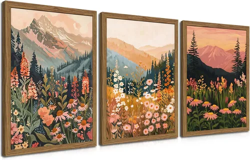 Miniatura 17 de Juego de 3 piezas de arte de pared de montaña colorida boho, pinturas abstractas de paisaje de flores de acuarela, pósters modernos de naturaleza