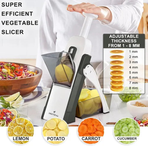 Miniatura 2 de ONCE FOR ALL Cortadora de mandolina segura para cocina, rebanadora de verduras profesional para rebanadas de patata de alimentos, grosor ajustable