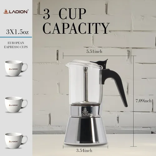 Miniatura 2 de LAOION Cafetera de café expreso, 3 tazas de 5.4 fl oz, cafetera de cristal y acero inoxidable, cafetera moca, cafetera Greca de Café, cafetera