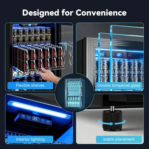 Miniatura 5 de Manastin Refrigerador de bebidas, refrigerador independiente para 120 latas con puerta de vidrio, estantes ajustables y pantalla digital de Negro