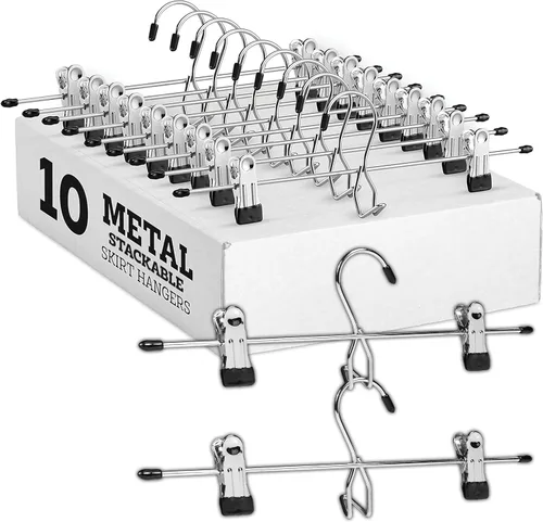 Zober Perchas de metal para faldas – Paquete de 10 perchas para pantalones con clips – Perchas apilables para ahorrar espacio – Clip ajustable para