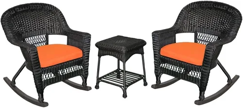 Jeco Juego de 3 sillas de mimbre Rocker con cojín naranja, color negro