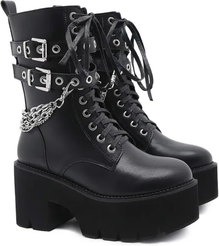 Miniatura 2 de Botas al tobillo para mujer, plataforma de tacón grueso, botas góticas de invierno, punta redonda, bloque atado en la mitad de la pantorrilla