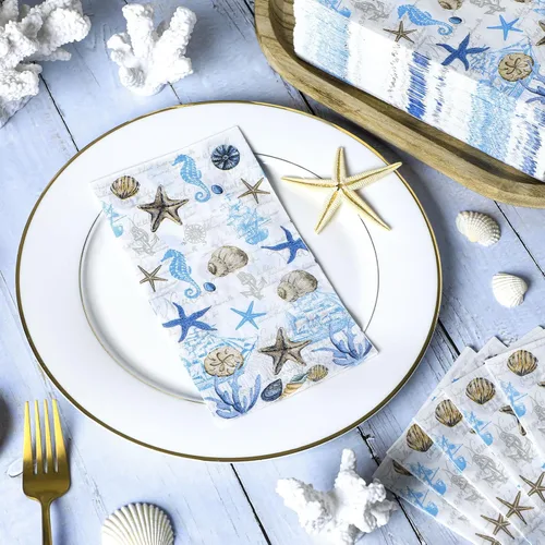 Miniatura 2 de Jetec 100 servilletas de papel de playa costeras para baño, desechables, para invitados, náutico, océano, mar, azul, estrella de mar, toallas