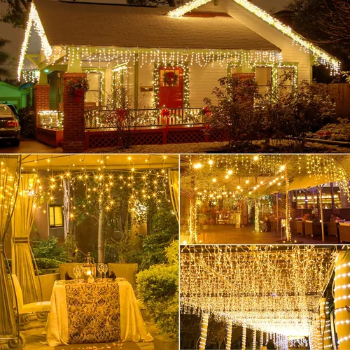 Miniatura 6 de Luces de carámbano de 33 pies con 300 luces LED para exteriores, impermeables, con 50 gotas, tira de luces blancas cálidas para bodas, fiestas