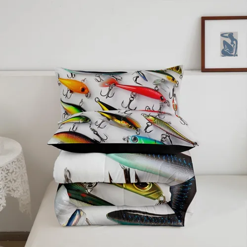 Miniatura 6 de Erosebridal Juego de ropa de cama de pesca tamaño individual, juego de edredón de peces coloridos para niños, adolescentes, hombres, pescadores