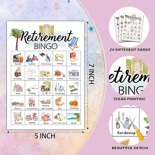 Miniatura 2 de Tarjetas de bingo de jubilación, juego de jubilación para 24 jugadores, actividades de oficina para familiares y amigos, suministros de regalos