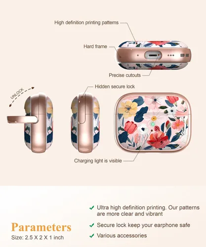 Miniatura 4 de TATOFY Funda con cerradura para estuche de Airpods Pro, funda rígida de flores para iPod Pro para mujeres y niñas con soporte para teléfono y kit