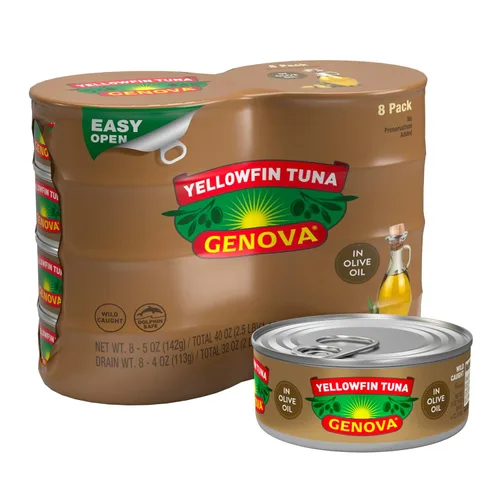 Genova Atún de aleta amarilla premium en aceite de oliva, latas de 5 onzas, paquete de 8 – Atún enlatado rico en nutrientes y alto contenido de