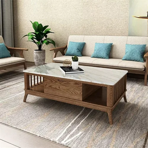 Miniatura 6 de Mesa de té para sala de estar, moderna mesa de centro de madera con cajones y estantes de almacenamiento, decoración rectangular elegante de 2