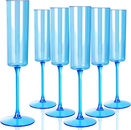 YOUBET Paquete de 24 copas de champán azules de plástico, 6 onzas, vasos de plástico desechables para tostar vino con tallo para fiestas,