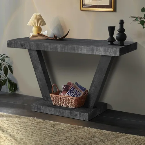 Miniatura 3 de Henf Mesa consola de 60 pulgadas moderna de madera para sofá de entrada detrás del sofá con base de soporte triangular para pasillo, entrada, sala