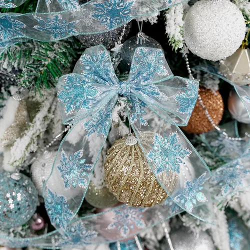 Miniatura 7 de HUIHUANG Cinta con alambre con purpurina de copo de nieve, cinta de copo de nieve azul y blanca para árbol de Navidad, 2-1/2 pulgadas x 25 yardas