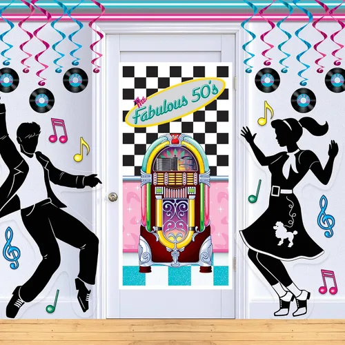 Miniatura 4 de Beistle Cubiertas de plástico para puerta de los años 50, 5 x 30 pulgadas, juego de 2 – Soda Shop Jukebox decoración de pared, suministros de Multi