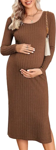 Ekouaer Maternity Dress Rib Knit Long Sleeve Side Slit Bodycon Dresses Pregnancy Baby Shower Clothes S-XXL