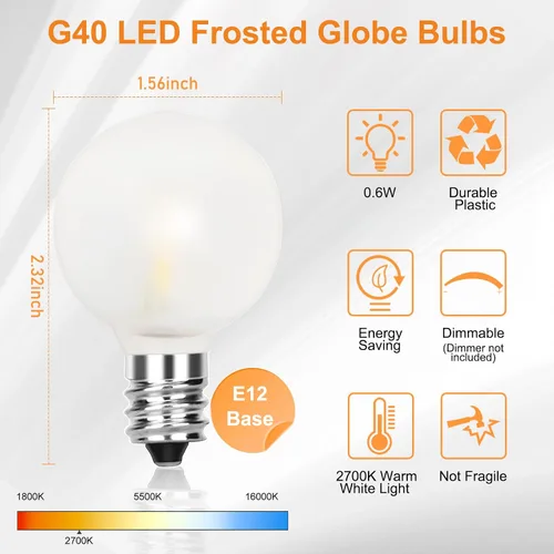 Miniatura 3 de Paquete de 25 bombillas LED esmeriladas G40, bombillas LED de plástico inastillables de 0.6 W, bombillas de globo esmerilado de 1.5 pulgadas
