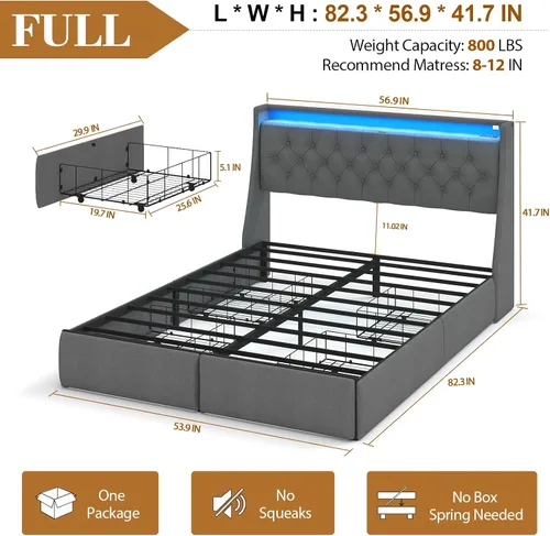 Miniatura 2 de Marco de cama tamaño completo con 4 cajones de almacenamiento y luces LED, marco de cama tamaño completo con cabecera tapizada y estación de carga