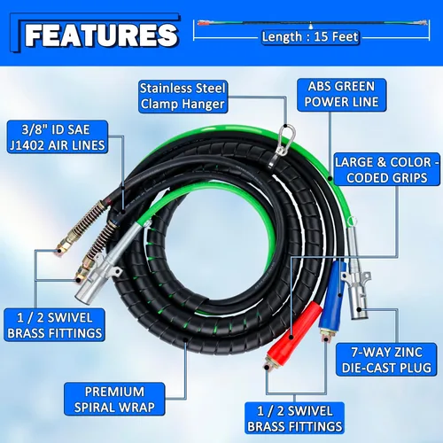 Miniatura 2 de Cable eléctrico de 7 vías de ABS y Power Air Line de 15 pies 3 en 1 con agarre de mango para tractor de remolque semirremolque