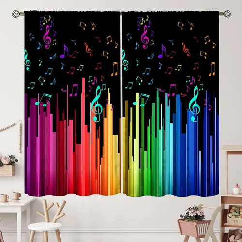 Miniatura 23 de Cortinas de notas musicales, rústicas, mágicas, notas musicales, arte retro, piano y violín, cortina con bolsillo para barra para dormitorio, sala