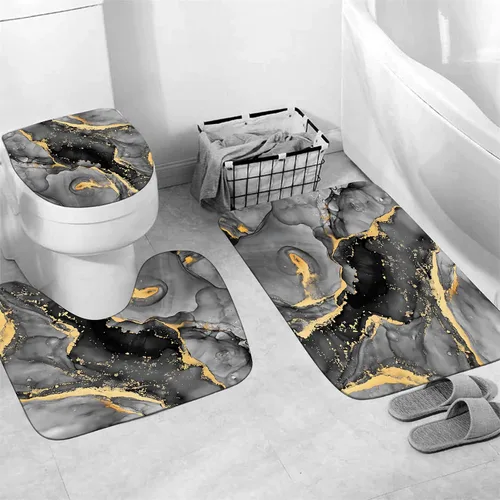 Miniatura 3 de Nkzply Juego de 4 Piezas de Cortina de Ducha de Mármol Negro Gris Moderno Abstracto Juegos de Baño con Cortina de Ducha y Alfombras Cortinas