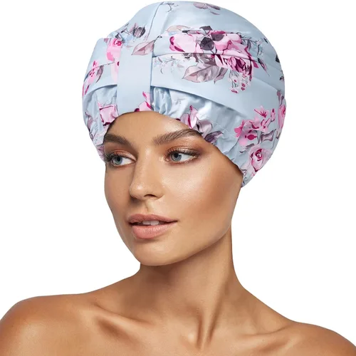Miniatura 10 de INNELO Gorro de ducha de lujo para mujeres, reutilizable, impermeable, gorro de ducha de doble capa con correa elástica ajustable, gorro de baño