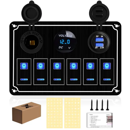 Miniatura 12 de Panel de Interruptores de Palanca Impermeable de 8 Posiciones con Cargador USB Dual y Voltímetro - Protección contra Sobrecarga para RV, Marina