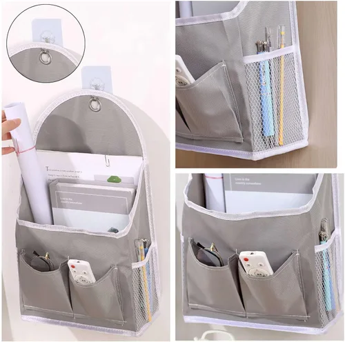 Miniatura 7 de Paquete de 2 bolsas de almacenamiento para colgar en la pared con bolsillos, cesta organizadora de casillero con gancho adhesivo, organizador de Gris
