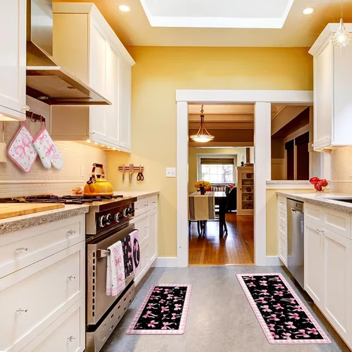 Miniatura 7 de Fourluoo Juego de 10 piezas de decoración de cocina con lazo rosa, 4 paños de cocina a cuadros rosados, 2 soportes para ollas, 2 guantes de horno, 2
