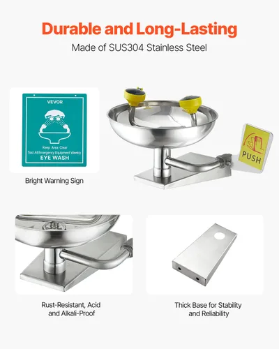 Miniatura 3 de VEVOR Estación de lavado de ojos de emergencia, unidad de lavado de ojos montada en pared de acero inoxidable, lavabo de primeros auxilios para ojos