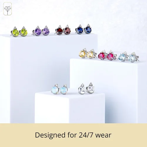 Miniatura 5 de Gemstone and Diamond Accent Halo Round Stud Earrings for Women in 925 Sterling Silver 7mm Birthstone with Push Backs by MAX + STONE