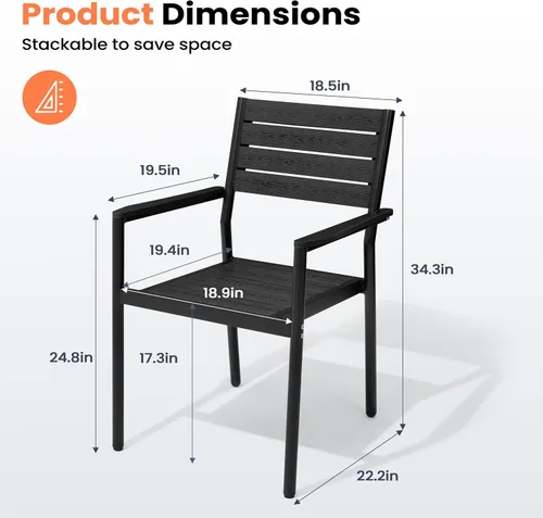 Miniatura 3 de Pellebant Juego de 2 sillas de comedor apilables para exteriores, sillas de patio de aluminio con brazos, para todo tipo de clima, para jardín, Negro
